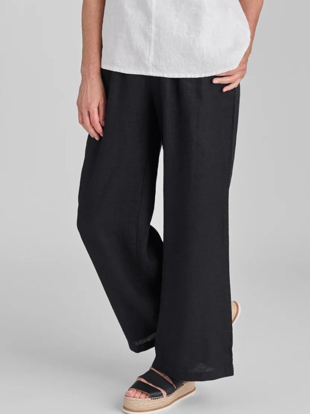 FLAX Black Wide Leg 100% Linen Ankle Pants Relaxed Elastic Waist Size P or XS